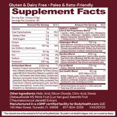 Close-up of BodyHealth Reds powder label and ingredients