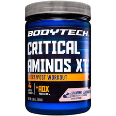 BodyTech Critical Aminos XT bottle in strawberry lemonade supports hydration during workouts