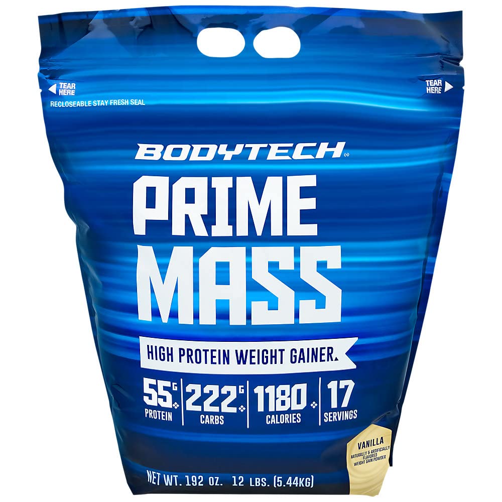 BodyTech Prime Mass vanilla powder tub showing reliable nutrition for gains