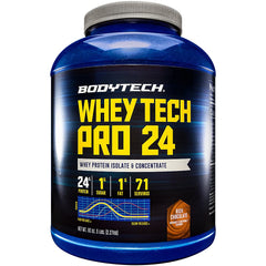 BodyTech Whey Tech Pro 24 tub shows rich chocolate flavor for post-workout recovery.