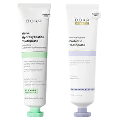 Boka fluoride-free toothpaste Ela Mint and Peppermint Blossom bottle and tube