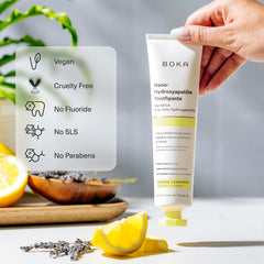 Close-up of Lemon Lavender label on Boka toothpaste