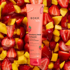 Back packaging showing ingredients for Boka Strawberry Mango toothpaste