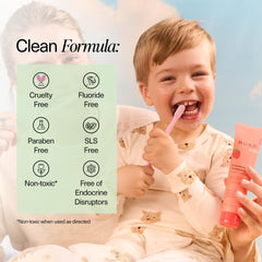 Gentle on sensitive teeth depiction of kids brushing with Boka toothpaste