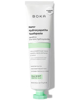 Box and tube of Boka fluoride-free nano hydroxyapatite toothpaste Ela Mint 4 oz US made