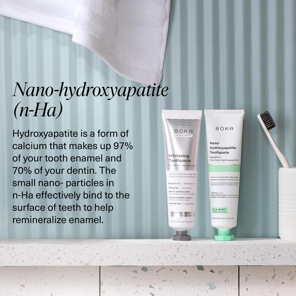 Close-up of Boka Nano Hydroxyapatite toothpaste tube for whitening