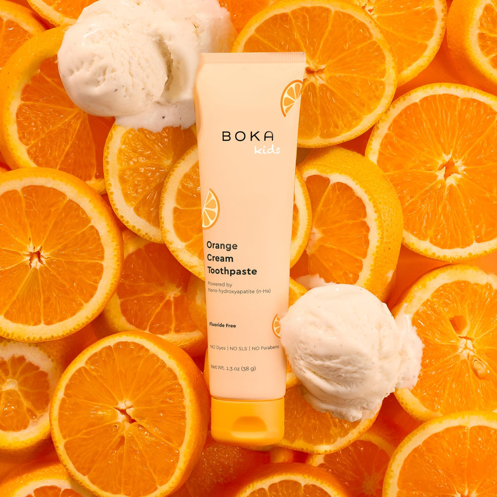 Back view of Boka Orange Cream toothpaste 2-pack packaging