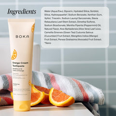 US manufactured Boka toothpaste box with orange cream