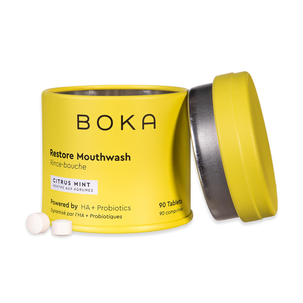 Front view of Boka Citrus Mint travel-size mouthwash tablets package