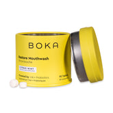 Front view of Boka Citrus Mint travel-size mouthwash tablets package