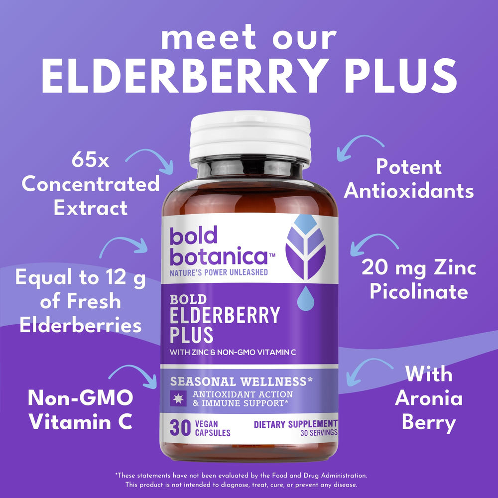 Close-up of Bold Botanica Elderberry Plus capsules inside the bottle