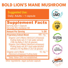 Close-up of Lion’s Mane capsules showing 60 vegan capsules label