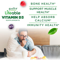 Graphic illustrating bone health and immune support with Vitamin D3 gummies