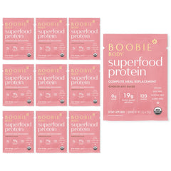 Boobie Body Chocolate Bliss packaging highlights organic, protein-packed shake for busy moms.