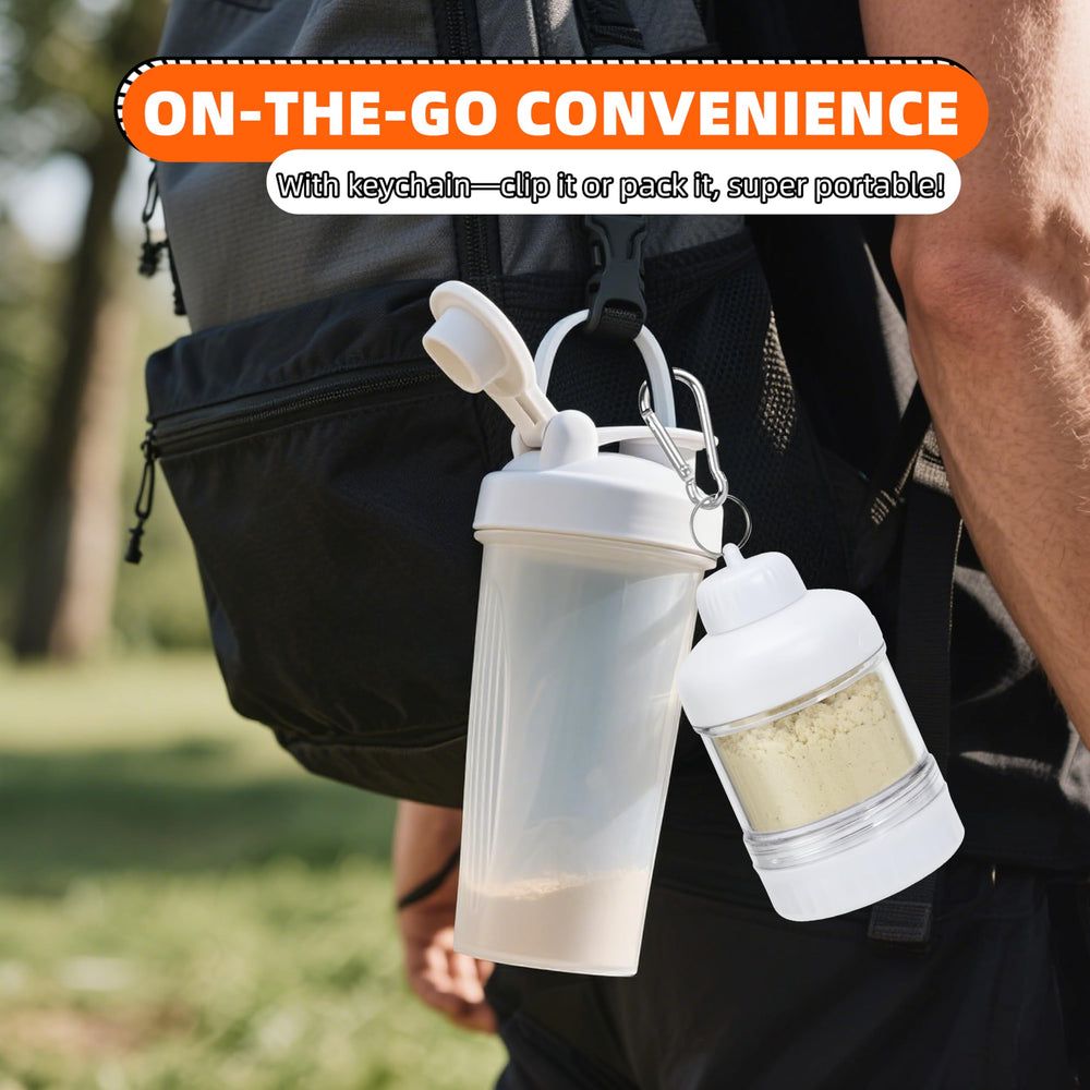 BooMetCheer protein container keychain offers hands-free gym bag attachment.