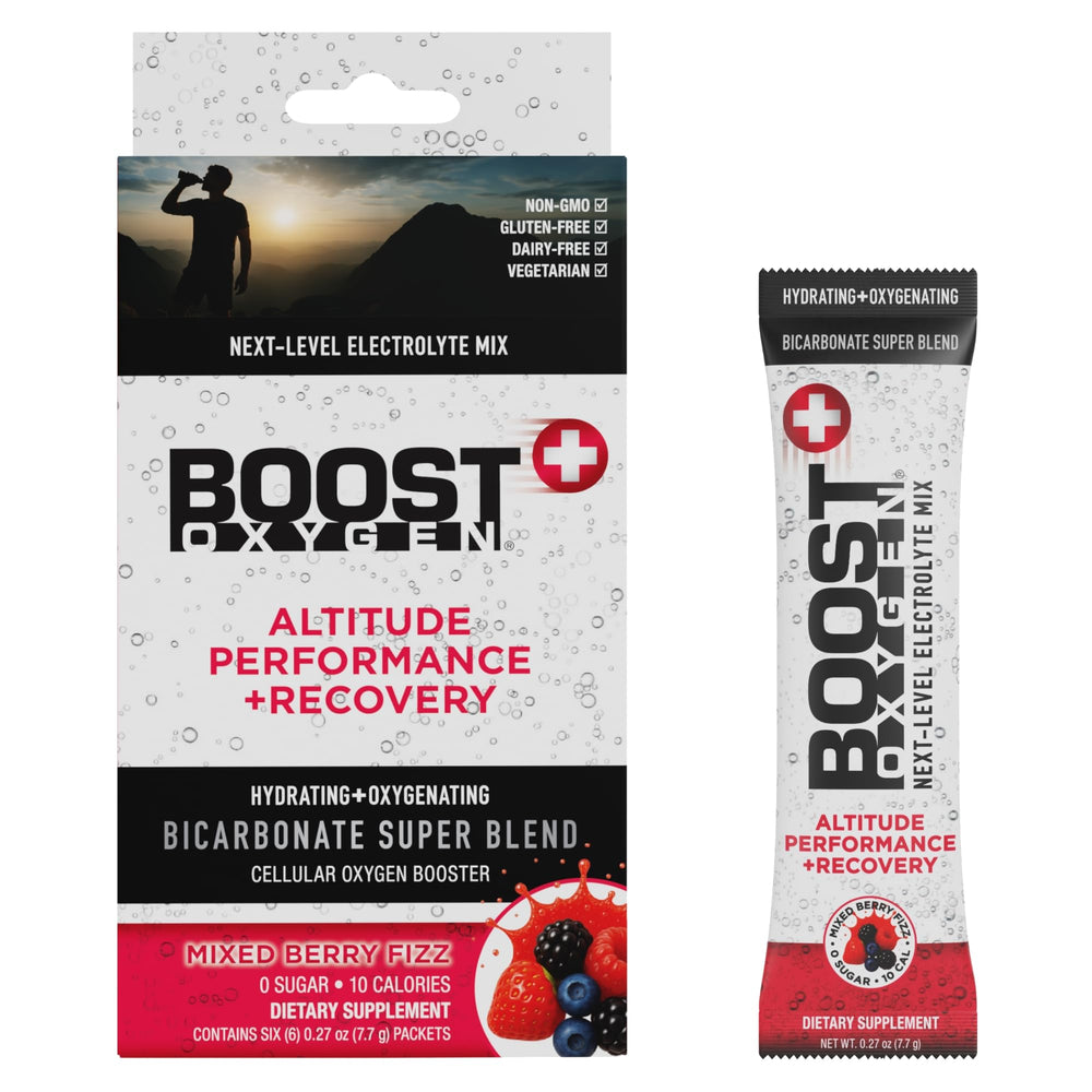 Boost Oxygen next-level hydration packet box-front: portable hydration for on-the-go wellness.