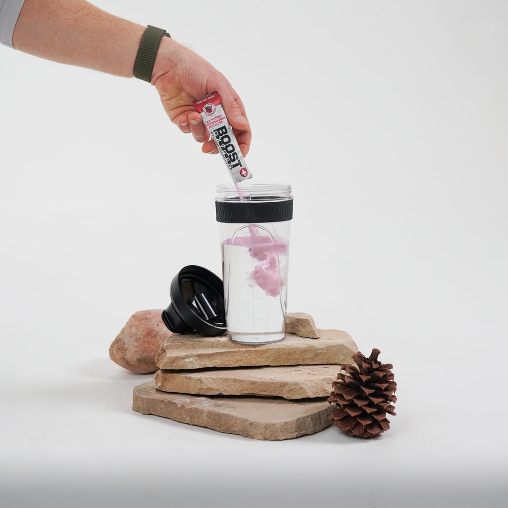 Boost Oxygen label closeup reinforces product identity and zero-sugar, low-calorie profile.