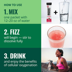 Boost Oxygen poured-over-ice shot showcases serving suggestion and effervescence.