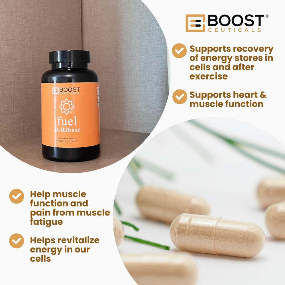 BoostCeuticals D-Ribose capsules supporting cellular energy for skin vitality.