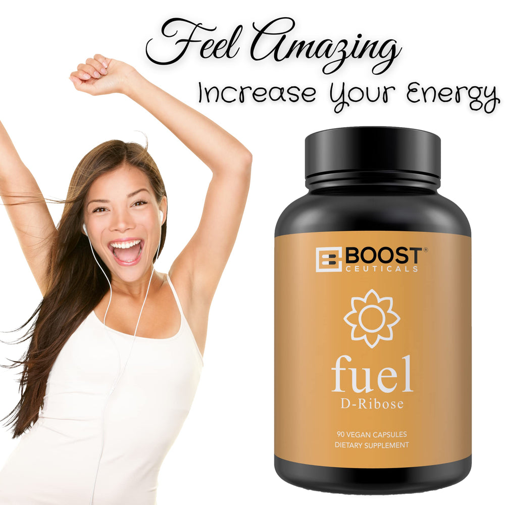 Vegan, non-GMO, gluten-free badges on BoostCeuticals D-Ribose packaging.