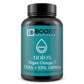 BoostCeuticals vegan omega-3 bottle with label showing 1000mg algae-based omega-3