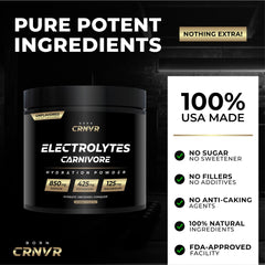 Born CRNVR Carnivore Electrolytes label closeup emphasizes non-GMO, sugar-free quality.