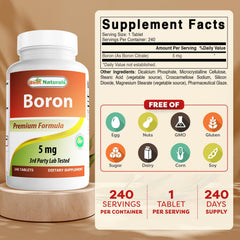 Close-up of boron supplement bottle label showing 240 tablets