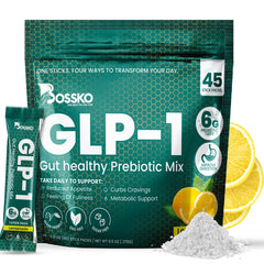 Bossko GLP-1 supplement bottle shows lemonade flavor and 6g fiber per serving.
