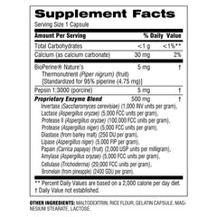Close-up of product label featuring 10 digestive enzymes