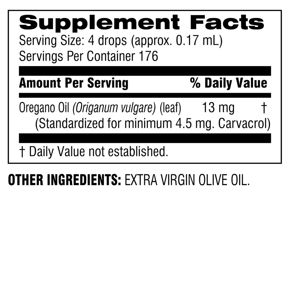 Back label with supplement facts for Oil of Oregano Liquid Extract