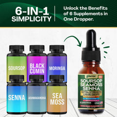 Bottle surrounded by soursop, seamoss, senna and botanicals