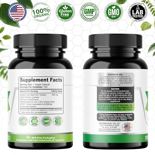 Bottle containing 120 vegan Holy Basil capsules