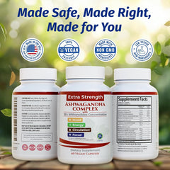 Bottle containing 180 vegan ashwadg... wait, corrected: 180 vegan Ashwagandha capsules