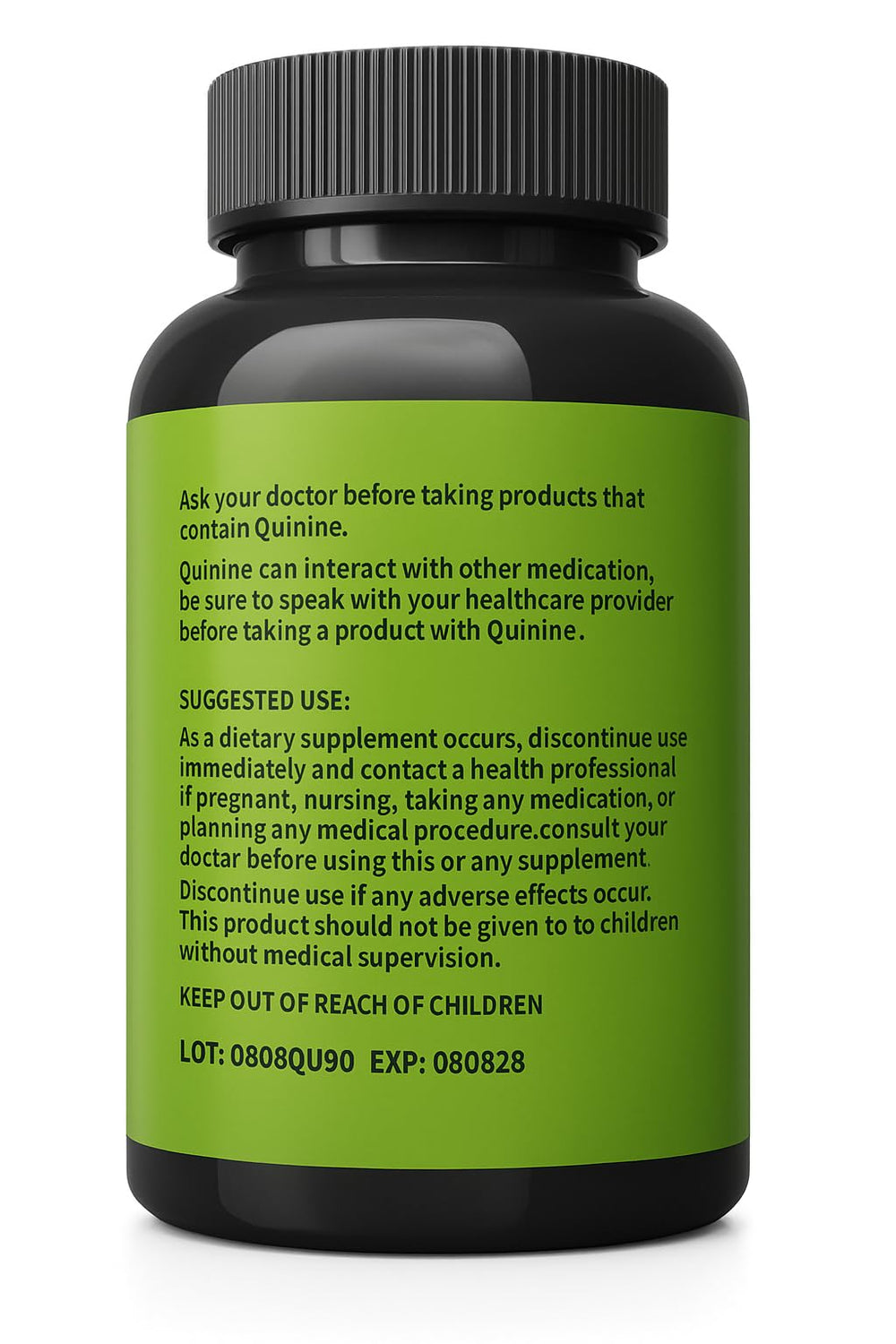 Bottle close-up of quinine capsules 90-count