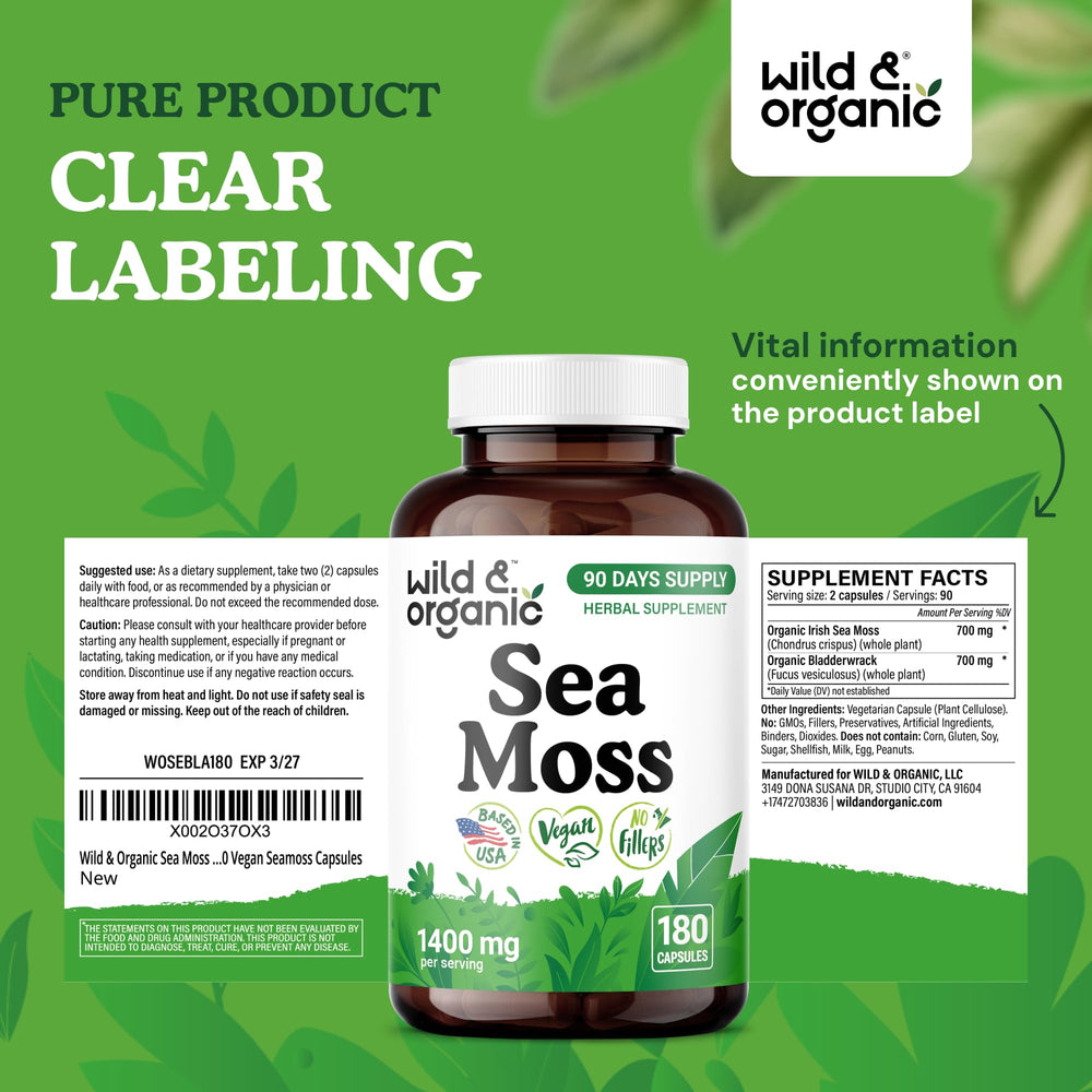 Front bottle view of Wild & Organic Sea Moss Capsules