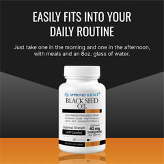 Product shot of black seed oil bottle with 60 softgels on white background