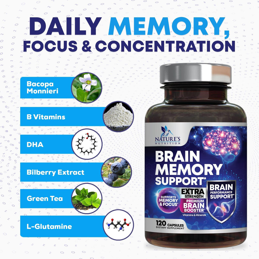 Capsules inside a brain health supplement bottle on white background