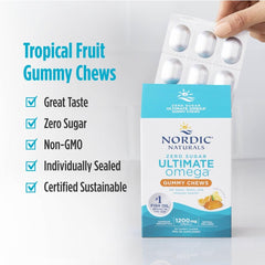 Nordic Naturals omega-3 gummy bottle with gummies on white background