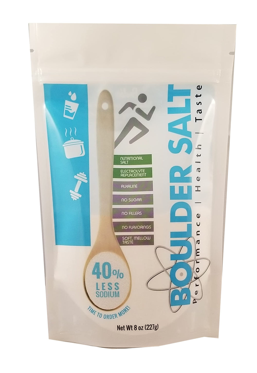 Boulder Salt bottle pour shows low-sodium electrolyte option for food and water.