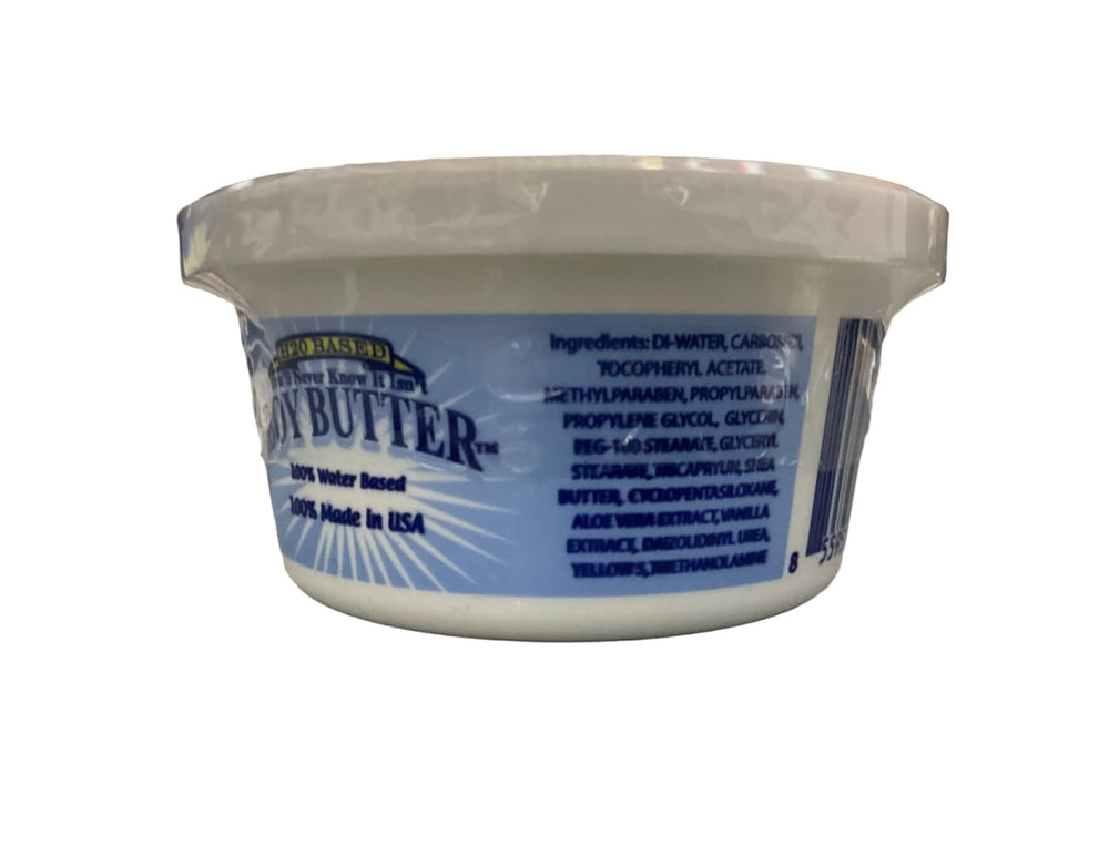 Boy Butter H2O Base Tub closeup highlighting water-based, non-staining formula for easy cleanup.