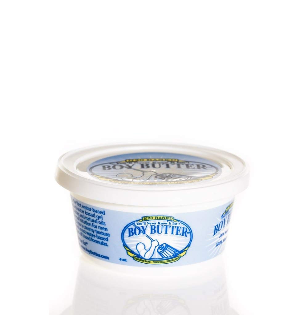 Boy Butter H2O Base Tub packaging demonstrates latex-safe, easy-to-use lube.