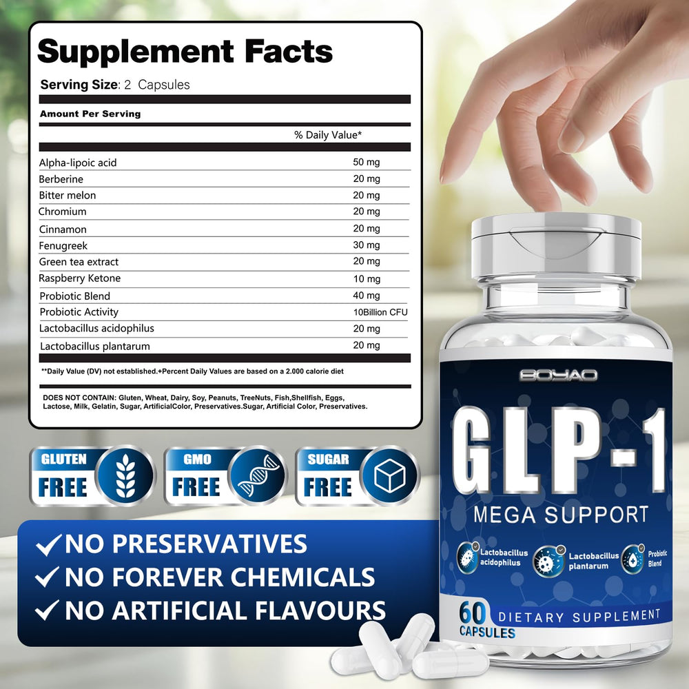 BOYAO GLP-1 capsules side view highlights gluten-free daily wellness packaging.