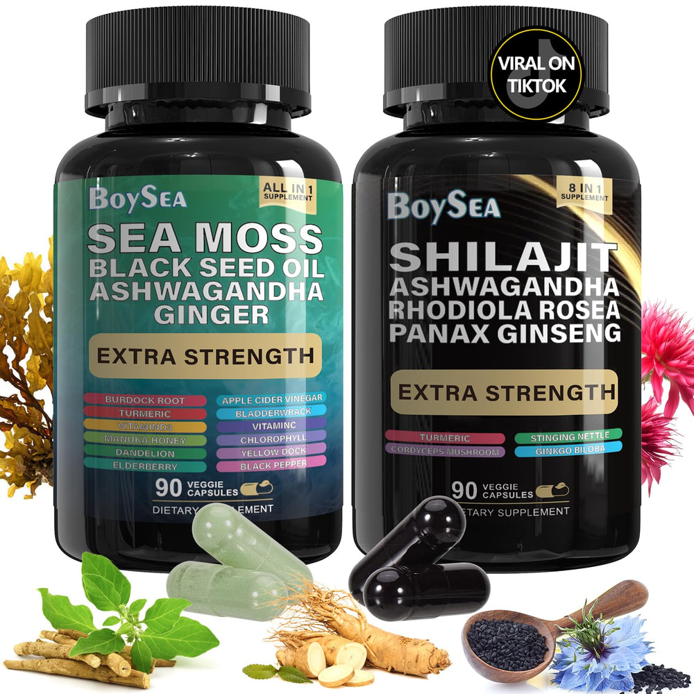 Two-bottle Boysea Shilajit and Sea Moss bundle with capsules