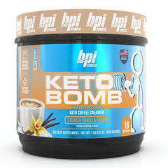 Bottle of BPI Keto Bomb French Vanilla Latte coffee creamer