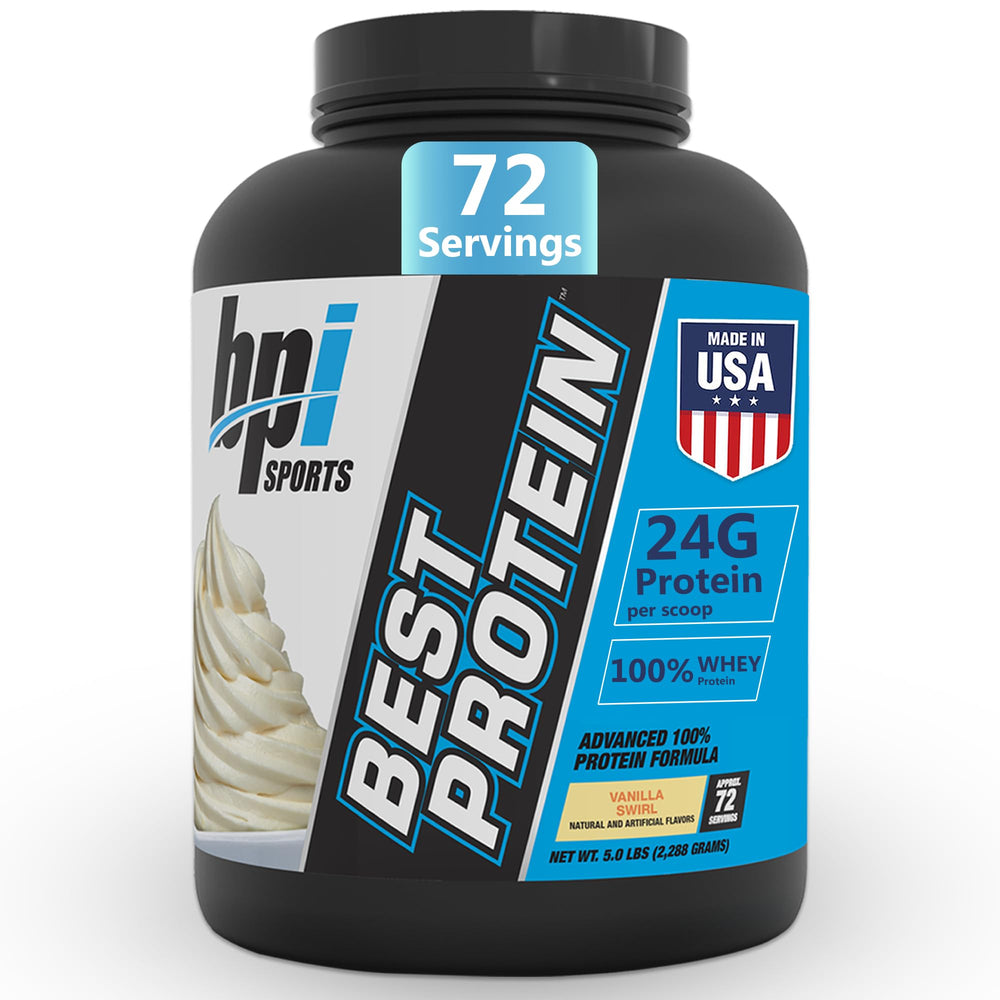BPI Sports Best Protein Vanilla Swirl tub with rich flavor supports lean muscle growth
