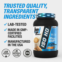 BPI Sports ISO HD powder closeup showcases fine texture and low carb formula.