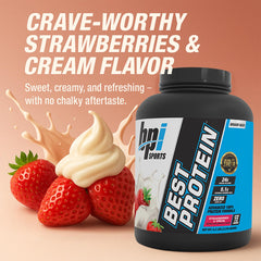 Shaker cup with mixed shake using Best Protein demonstrates smooth, creamy texture.