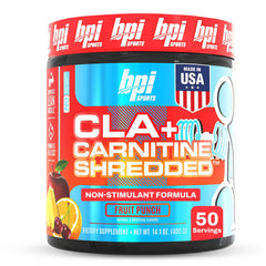 BPI Sports CLA + Carnitine Shredded bottle back view highlighting ingredients and servings