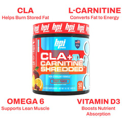 BPI Sports CLA + Carnitine Shredded bottle with prepared beverage in glass