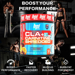 BPI Sports CLA + Carnitine Shredded scoop resting beside bottle for convenient serving